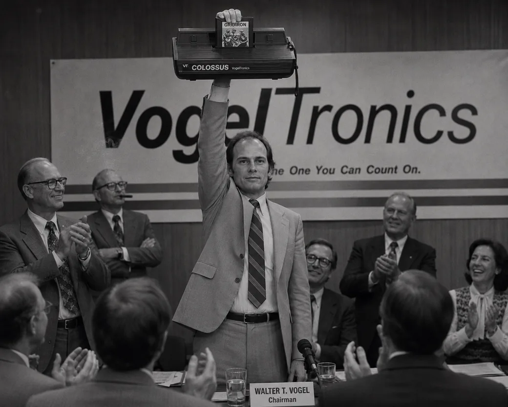 A 1983 sales meeting: a young man in a suit holds a VogelTronics Colossus console aloft in one hand, gripping only the Gridiron cartridge seated in its top slot, the whole console hanging beneath it, while a room of executives applauds. Walter T. Vogel stands second from left with a cigar, arms folded, not clapping, beneath a banner reading VogelTronics — The One You Can Count On. A nameplate on the table in front of the young man reads WALTER T. VOGEL, Chairman