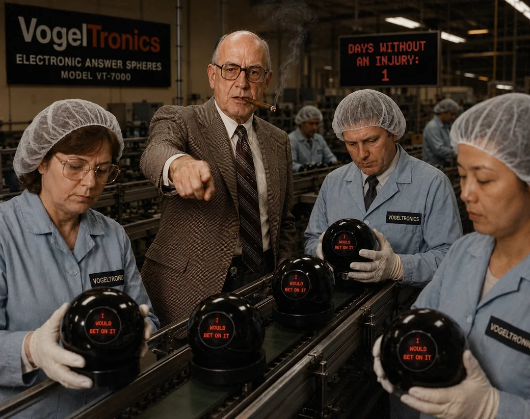 Walter T. Vogel in a tweed jacket, cigar in mouth, pointing at a factory assembly line where four workers in hairnets and VogelTronics smocks hold black answer spheres, every one of them lit with the words I WOULD BET ON IT; a banner reads VogelTronics Electronic Answer Spheres Model VT-7000, and an overhead board reads Days Without An Injury: 1