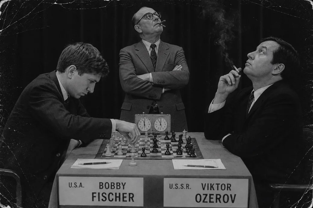 A black-and-white photograph of a chess match, nameplates reading U.S.A. BOBBY FISCHER and U.S.S.R. VIKTOR OZEROV. Fischer, young, leans over the board with his hand on a piece; Ozerov leans back with a cigarette, staring at the ceiling; behind them a bald man in a tweed jacket stands with his arms crossed, cigar in mouth, also looking up at the ceiling