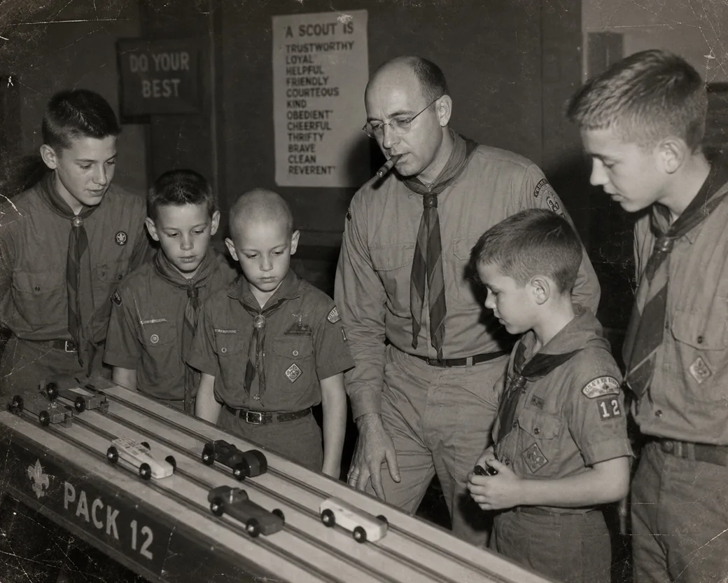 Walter T. Vogel in Scout leader uniform, cigar clenched, watching a heat run down a Pack 12 pinewood derby track with five boys