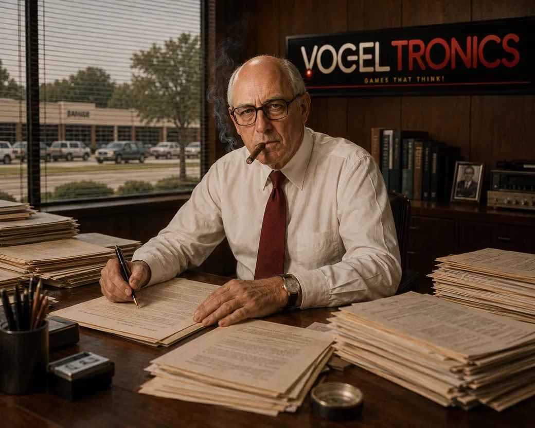 Walter T. Vogel at his office desk in shirtsleeves and tie, cigar in mouth, pen in hand over stacks of paper, beneath the VogelTronics "Games That Think!" sign