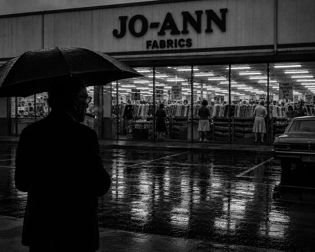 A black-and-white photograph taken from behind an elderly man in a dark suit standing under an umbrella at night, a lit cigar in his mouth, facing a brightly lit Jo-Ann Fabrics storefront across a rain-soaked parking lot empty except for one parked car; through the glass, women browse tables of bolted fabric under fluorescent light