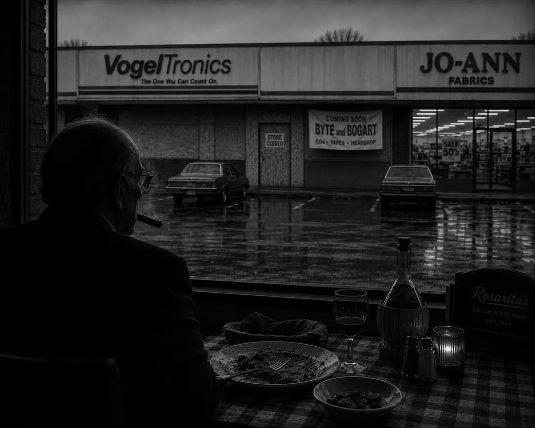 A black-and-white photograph taken from behind an elderly man in a dark suit, smoking a cigar at a checked-tablecloth window table in an Italian restaurant, a small plate of picked-out mushrooms at his right. Through the rain-soaked glass, across a parking lot, are a boarded storefront with the VogelTronics sign still mounted above it, a COMING SOON banner for Byte and Bogart, and a lit, busy Jo-Ann Fabrics