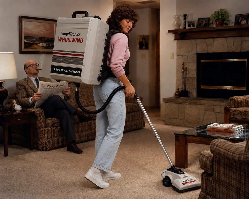 A woman in a 1981 living room vacuuming with the VogelTronics Whirlwind, smiling, a large battery pack lettered UP TO 2 12 VOLT BATTERIES strapped to her back, a ribbed hose and cord running down to a small sleek vacuum head on the carpet; seated in an armchair behind her, a bald man in a tweed jacket smokes a cigar behind a raised copy of the Chicago Tribune