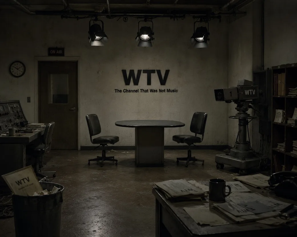 A dim, empty television studio: a bare table flanked by two empty office chairs under three spotlights, the letters WTV and the words The Channel That Was Not Music mounted on the wall behind, a camera marked WTV to one side, an ON AIR sign above the door