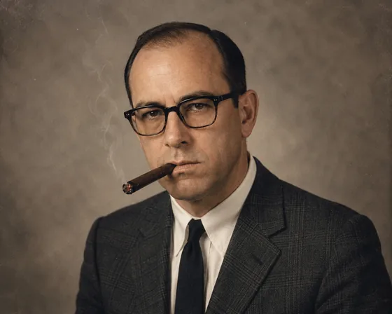 Walter T. Vogel as a younger man in a studio portrait of the early 1960s &mdash; heavy horn-rimmed glasses, tweed jacket, narrow tie, cigar in mouth